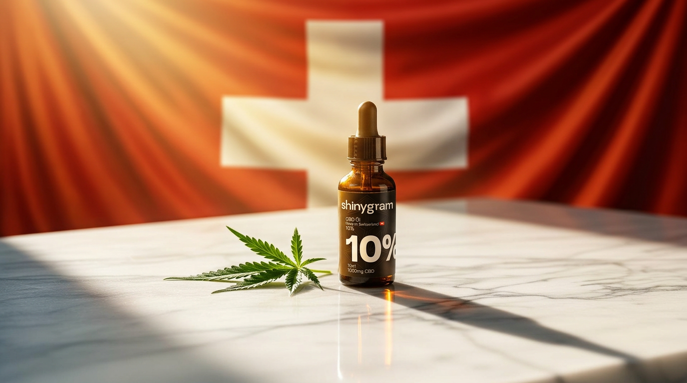 Shinyfriends CBD oil bottle on a sunlit marble surface beside a hemp leaf